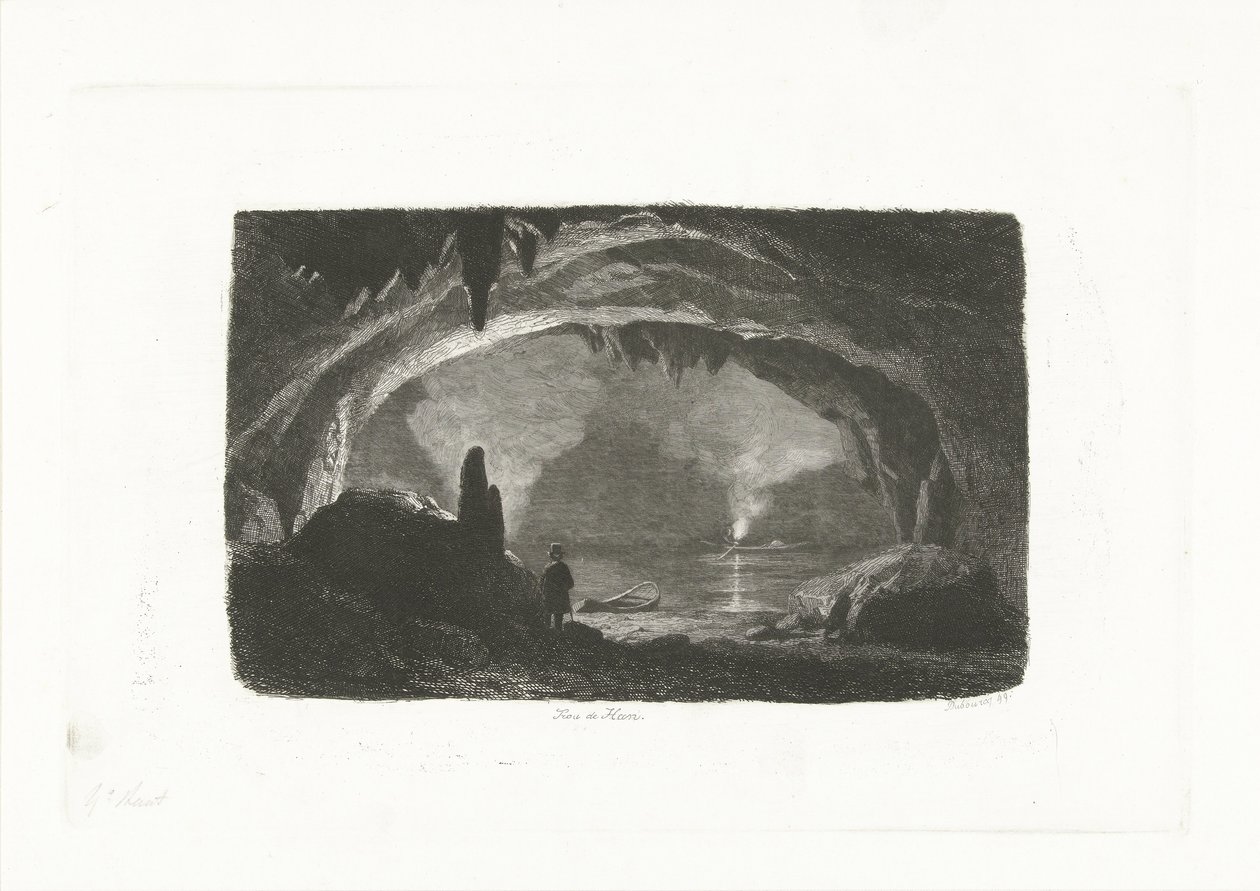 Man met roeiboot in de grotten van Han door Pierre Louis Dubourcq