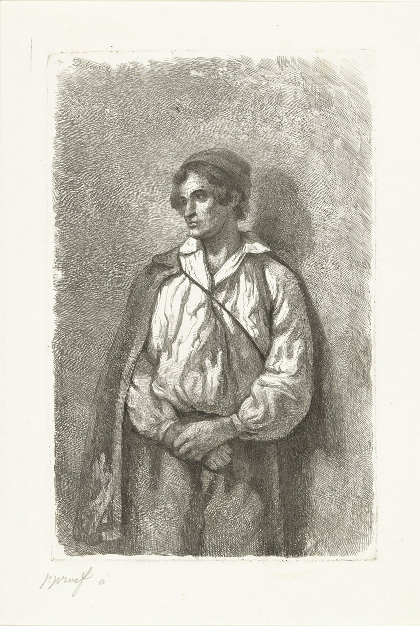 Portret van een onbekende jonge man met muts en cape door Pierre Louis Dubourcq