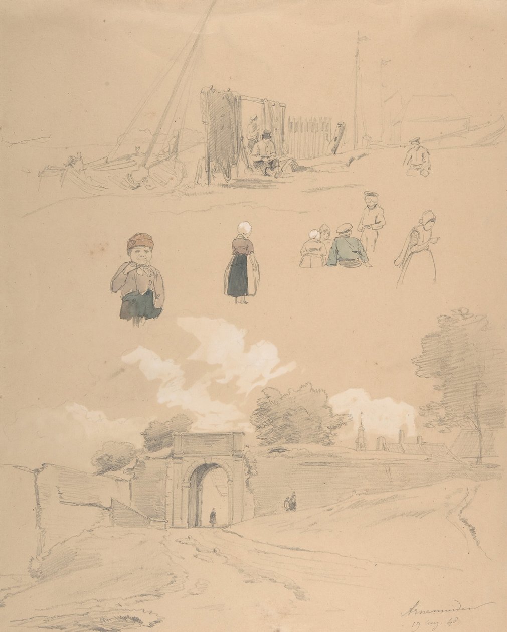 Studieblad met figuren en landschappen bij Arnemuiden nabij Middelburg, midden 19e eeuw door Pierre Louis Dubourcq