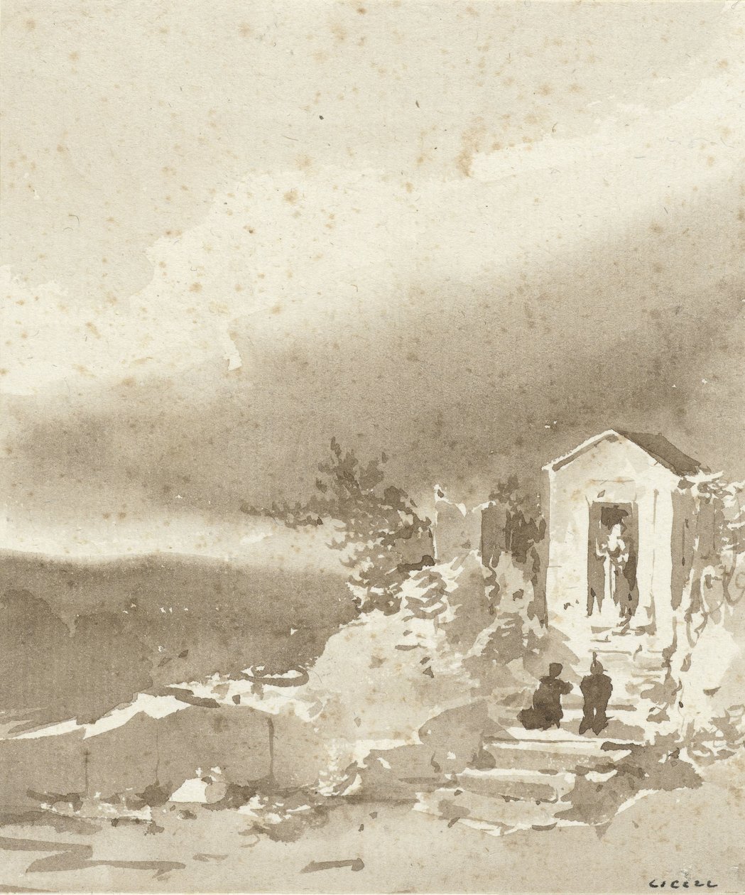 Twee knielende lieden op de trap voor een kapelletje in de bergen door Pierre Luc Charles Ciceri