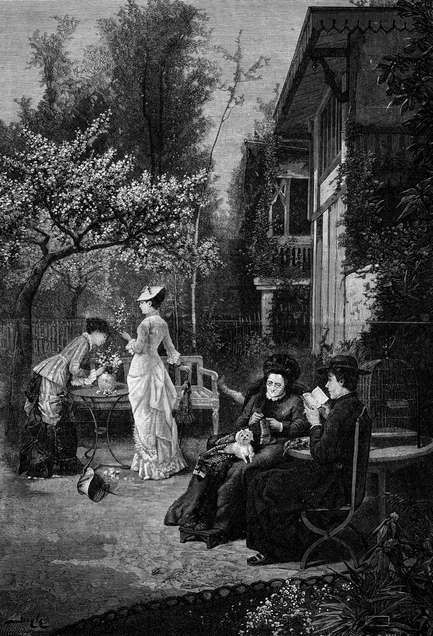 Perzikbloesems (19e eeuw). Gravure naar het schilderij van Pierre Beyle (1838-1902). In 