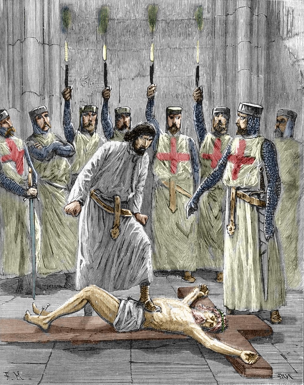 Ketterij van de Tempeliers: voorstelling van een ceremonie van toetreding van een ridder tot de orde van de tempel, waarbij de Tempelier, volgens de bekentenissen gepubliceerd na hun arrestatie en proces in 1307, gedwongen werd Christus te verloochenen en  door Pierre Mejanel