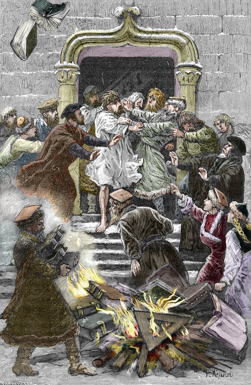 Socinianisme en Kleine Poolse Kerk: de inwoners van Krakau verbranden de werken van Faustus Socinus op het openbare plein en dwingen hem aanwezig te zijn bij de autodafe in 1598 door Pierre Mejanel