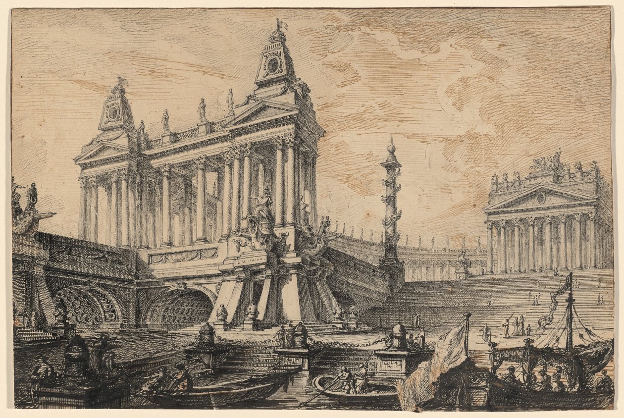 Architectonische fantasie van een magnifieke oude haven door Pierre Moreau