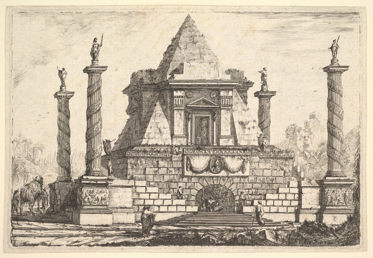 Imaginaire architectuur met kameel en figuren, naar Della Bella door Pierre Moreau