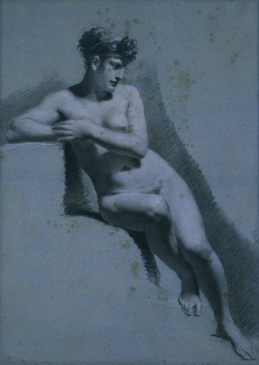 Studie van een naakte vrouw, zittend naar rechts kijkend (recto) door Pierre Paul Prud