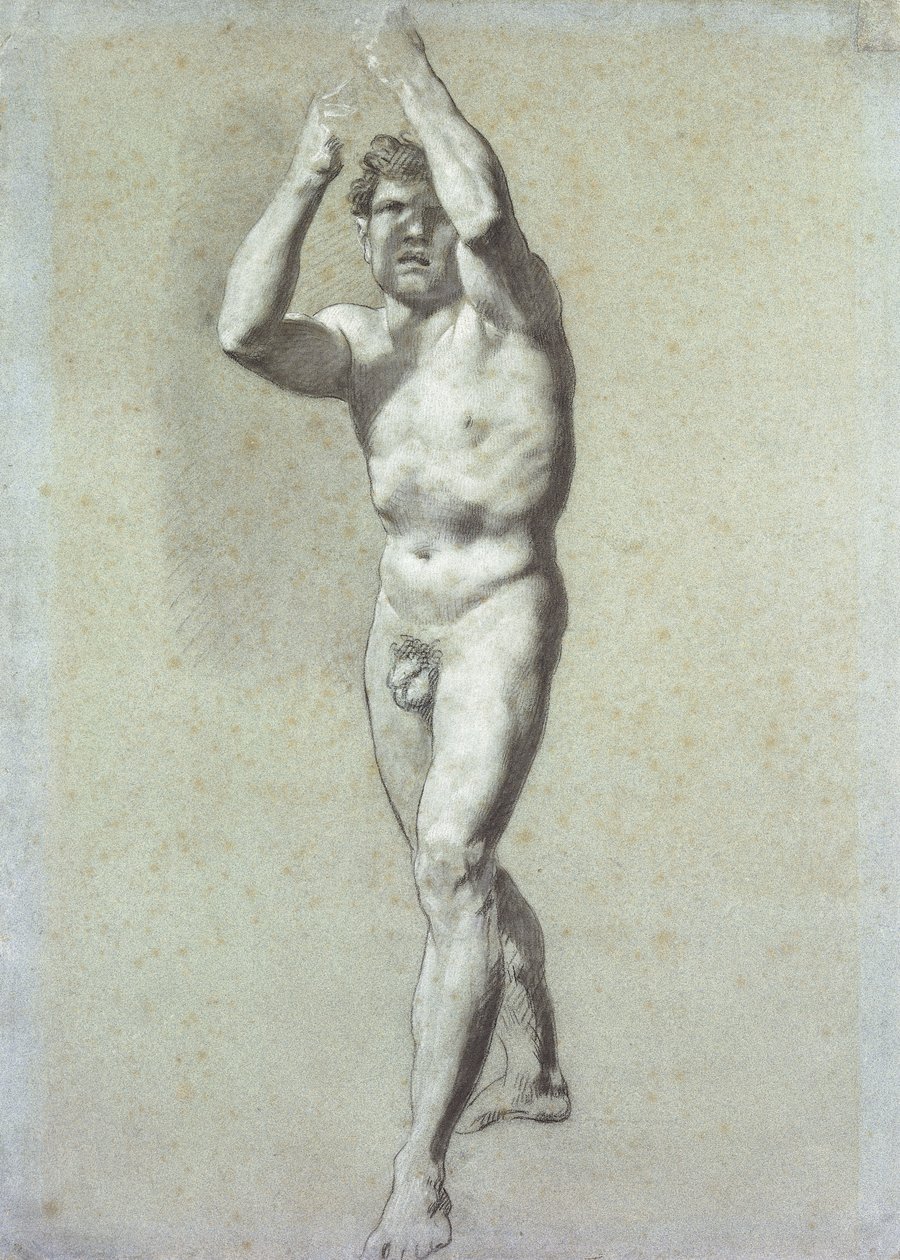 Studie van een man, met twee armen opgeheven boven het hoofd, lichtjes naar links gedraaid door Pierre Paul Prudhon