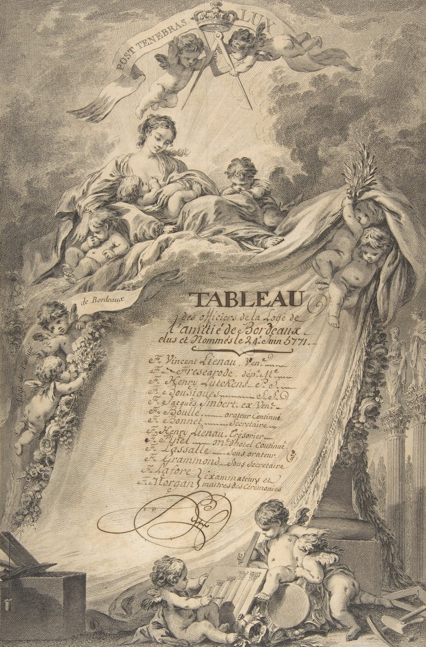 Diploma voor de Vrijmetselaars van Bordeaux, naar François Boucher door Pierre Philippe Choffard