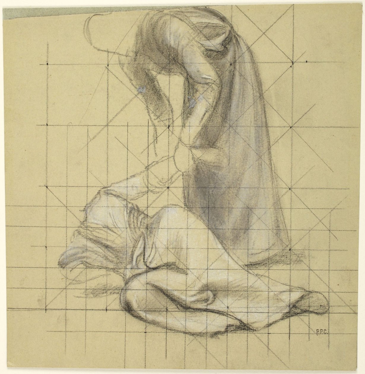 Figuur die een gevallen figuur overeind helpt, studie voor de serie „Het leven van de heilige Geneviève”, Parijs, Pantheon door Pierre Puvis de Chavannes