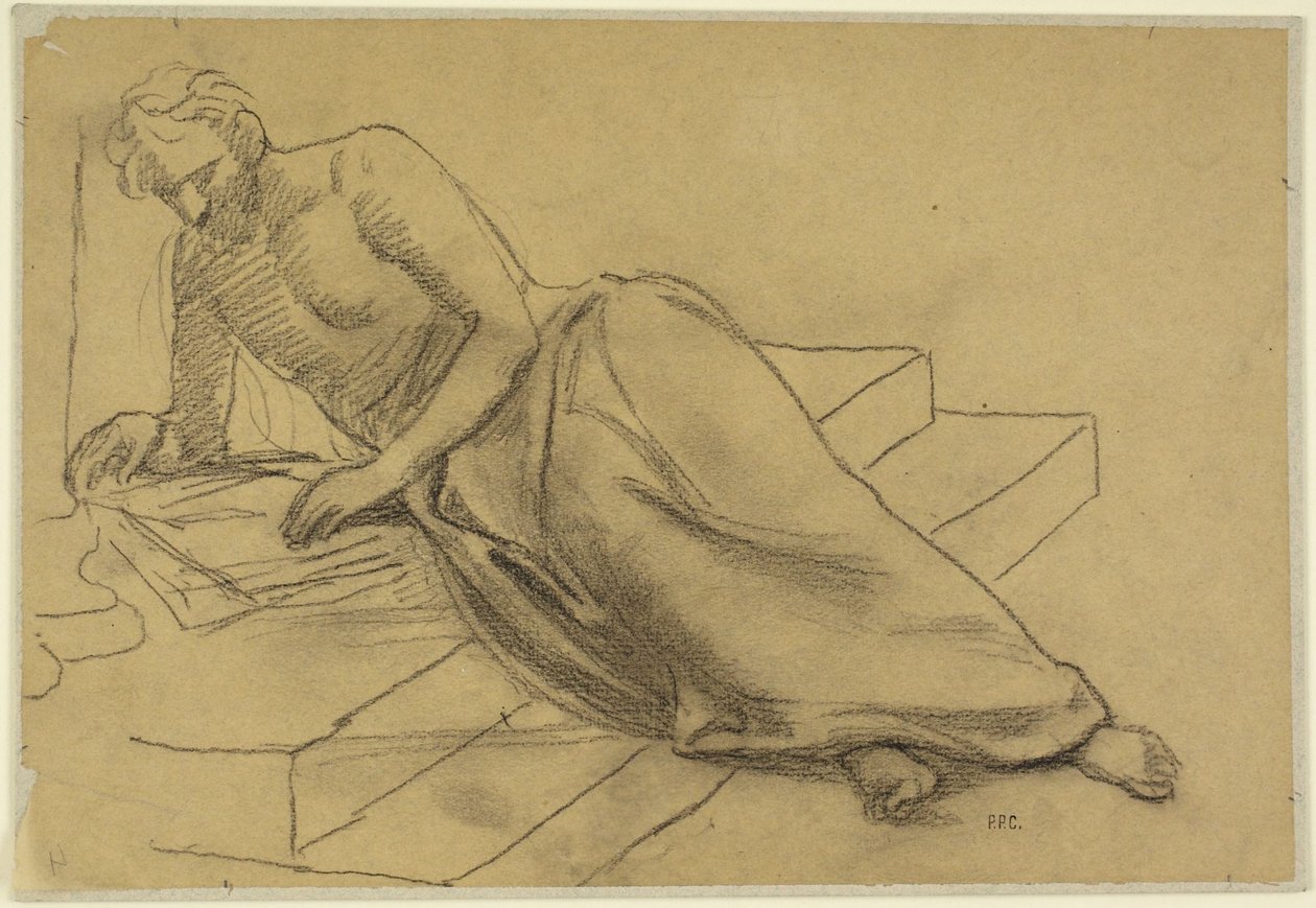 Liggende man op trappen, lezend, studie voor Een filosoof, voor de Boston Library door Pierre Puvis de Chavannes