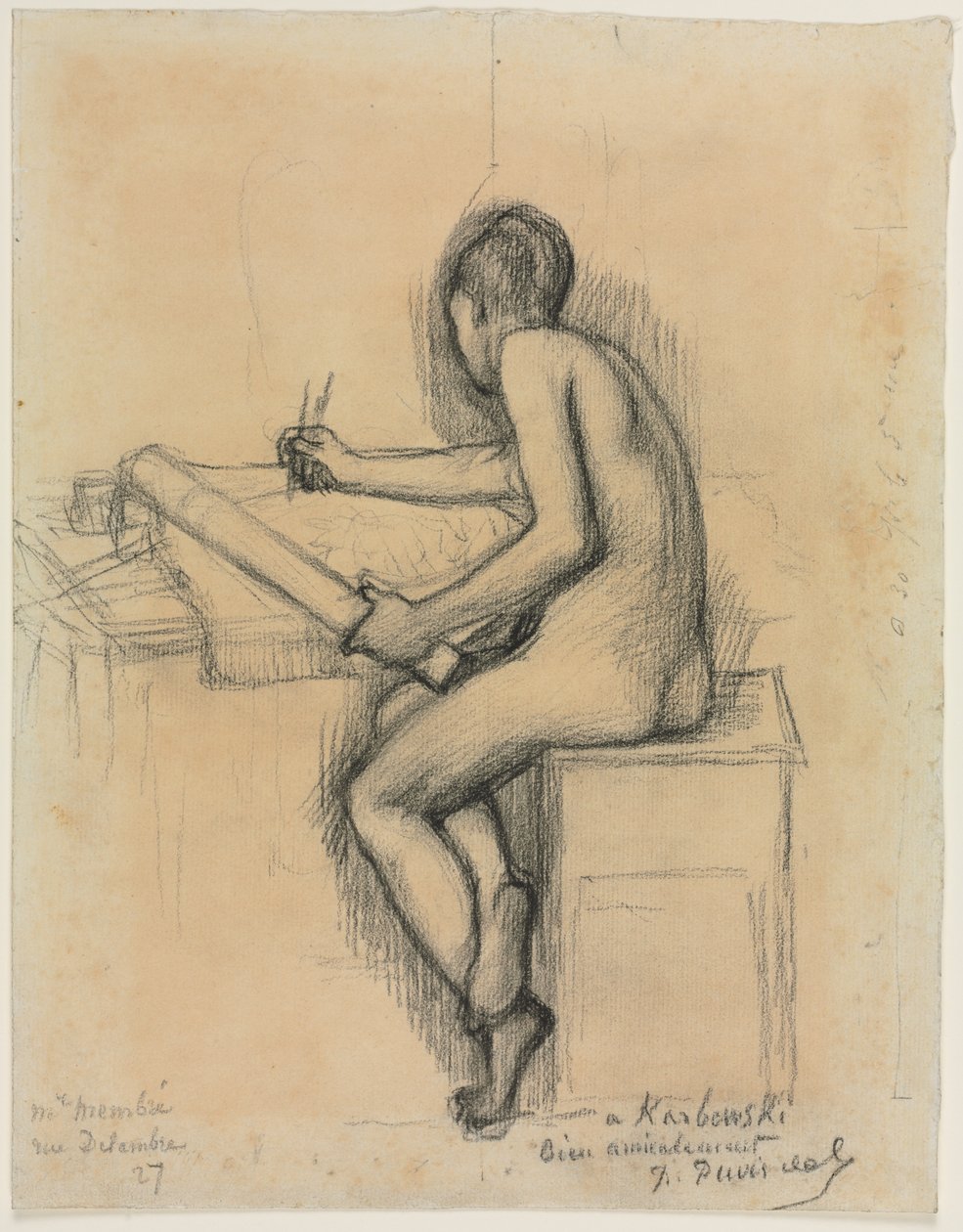 Studie van een zittend naakt vrouwelijk model dat tekent door Pierre Puvis de Chavannes