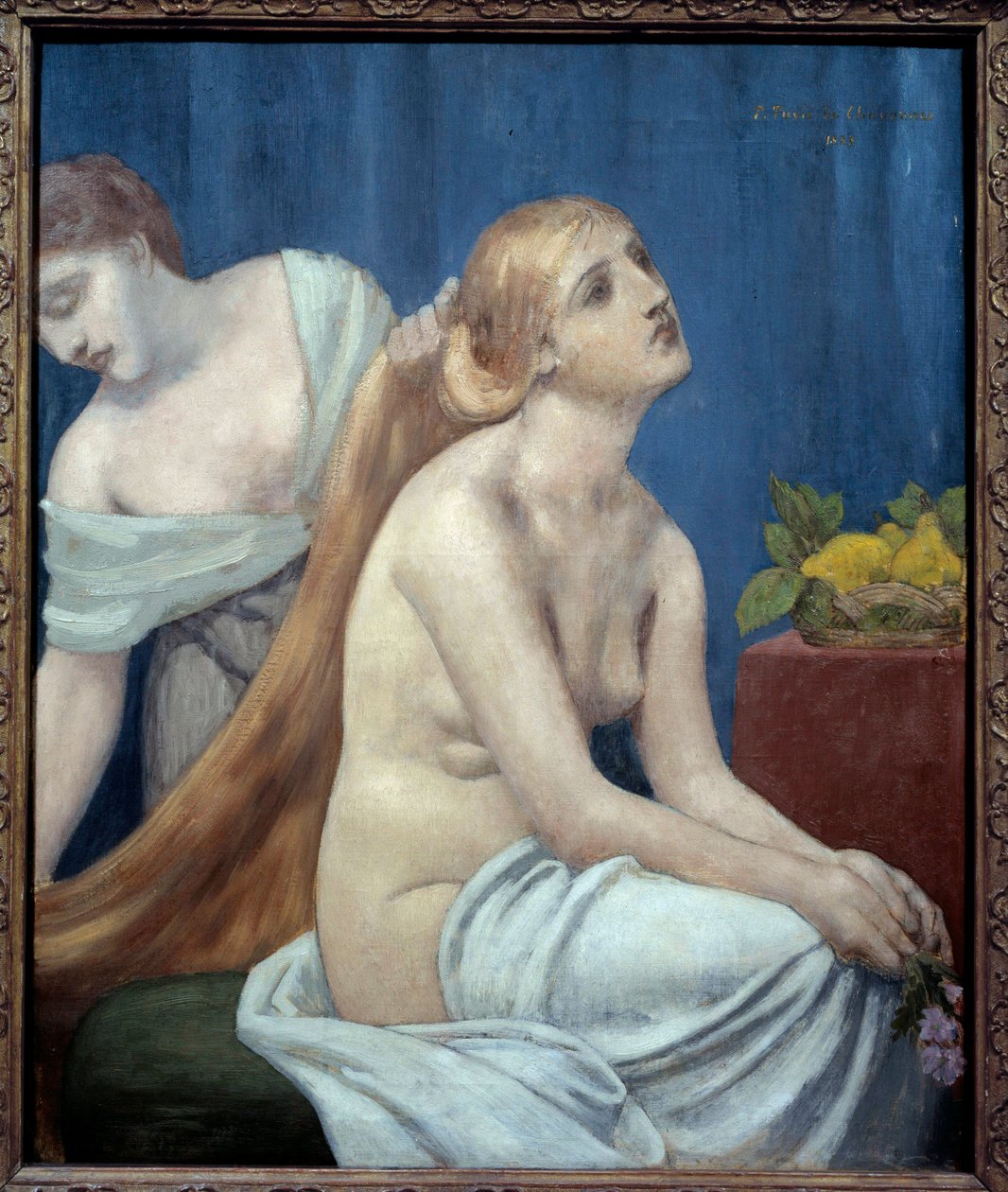 Vrouw heeft haar toilet. Een naakte vrouw met lang, blond haar wordt gestyled door een dienstmeid. door Pierre Puvis de Chavannes