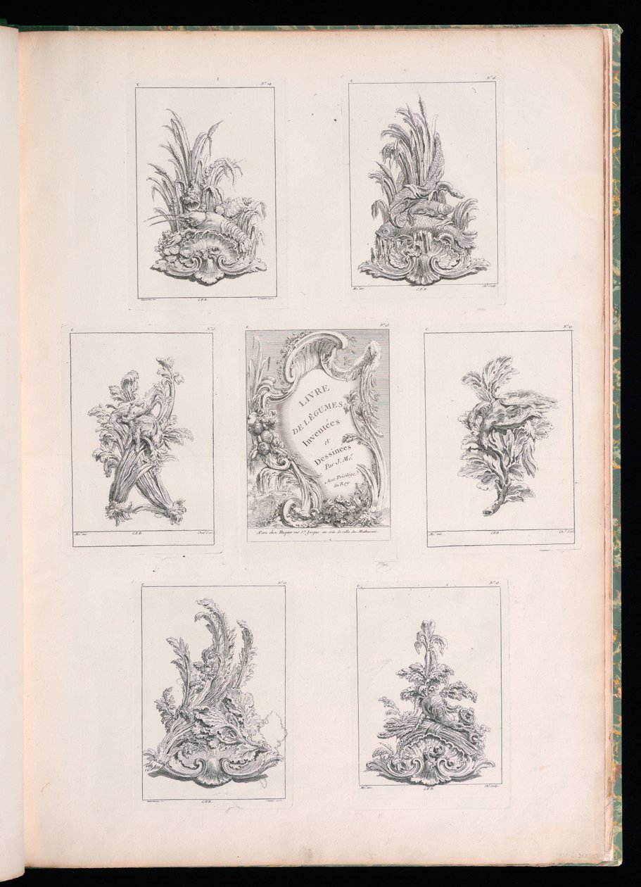 Ornamentontwerp met twee dode vogels liggend op acanthustak, uit Livre de Légumes door Pierre Quentin Chedel