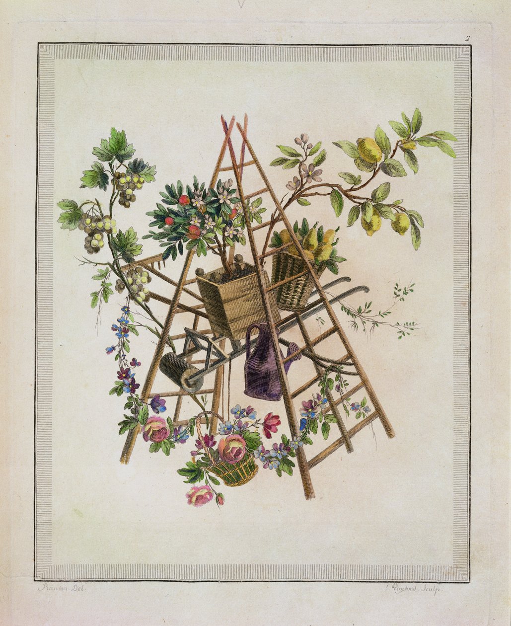 Een tuin textielontwerp, uit Oeuvre contenant un Receuil de Trophees, Attributs, Cartouches, Vases, Fleurs, Ornemens, et Plusieurs Dessins agréables pour broder des Fauteuils, gegraveerd door Etienne C door Pierre Ranson