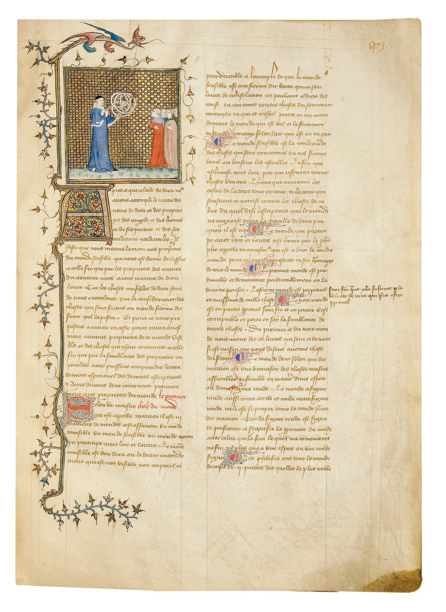 Pagina uit "De Proprietatibus Rerum" door Bartholomeus Anglicus, in de Franse vertaling van Jean Corbechon, ca. 1390 door Pierre Remiet