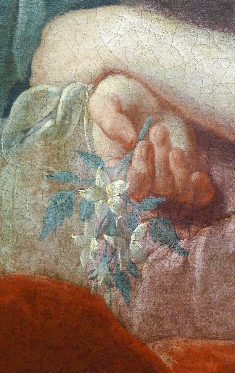 Hand van een jonge vrouw die een bloeiende tak vasthoudt. Detail van Portret van Madame Poulhariex en haar dochter, rond 1728 door Pierre Subleyras