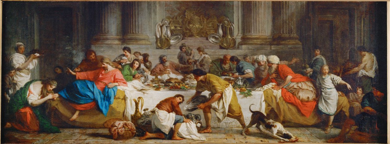 De maaltijd bij Simon. De maaltijd in het huis van Simon. Martha giet olie over de voeten van Christus en droogt ze af met haar haar ... door Pierre Subleyras