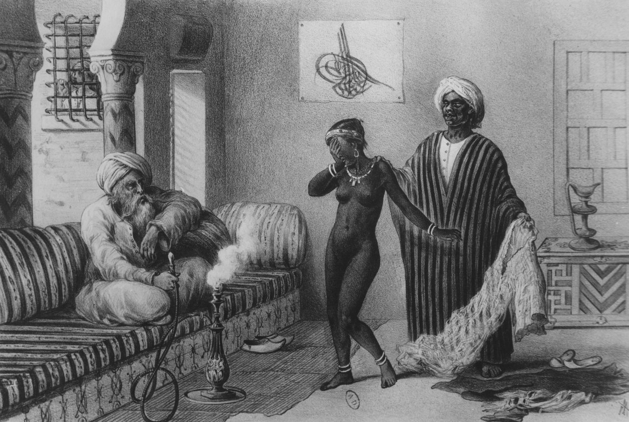 Een jong meisje uit Timbuktoe aangeboden door een slaveneigenaar in Tripoli in 1854, uit "Voyages au Soudan et dans L