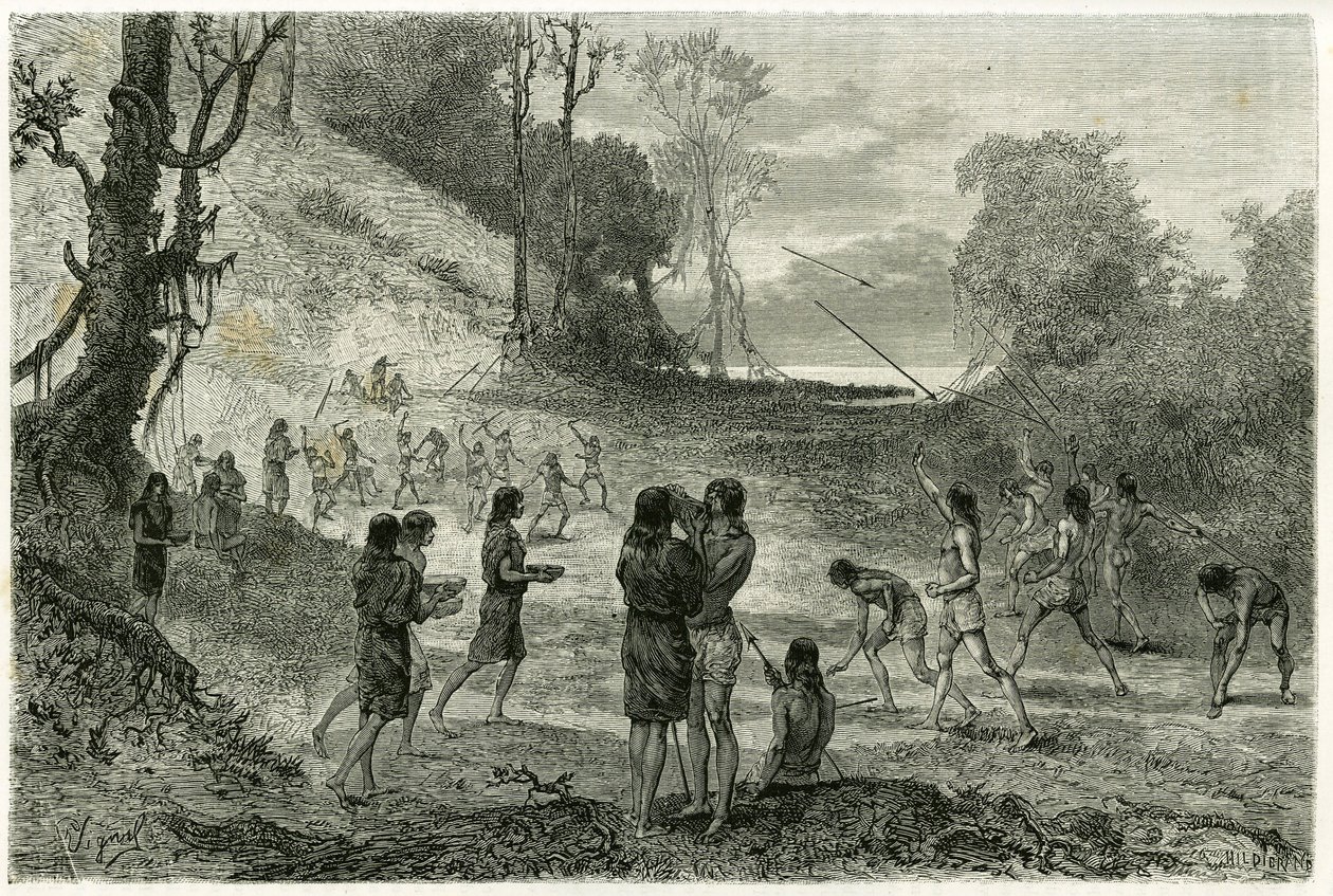 Speerwerpen tussen 2 stammen van Zaparros, mannen oefenen en vrouwen rijden rond de spelers zonder angst en serveren hen drankjes. Gravure ter illustratie van het verhaal 