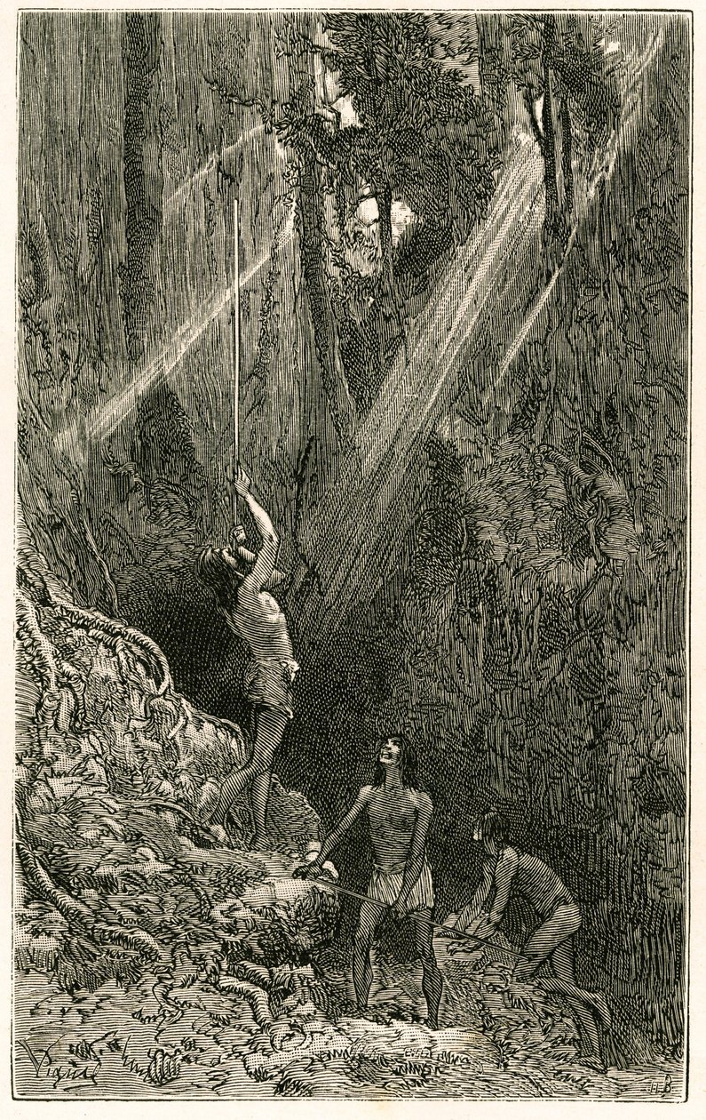 Suno-indianen, van de oevers van de Napo-rivier (Amazone), jagen met blaaspijpen. Gravure door Vignal, ter illustratie van het verhaal 