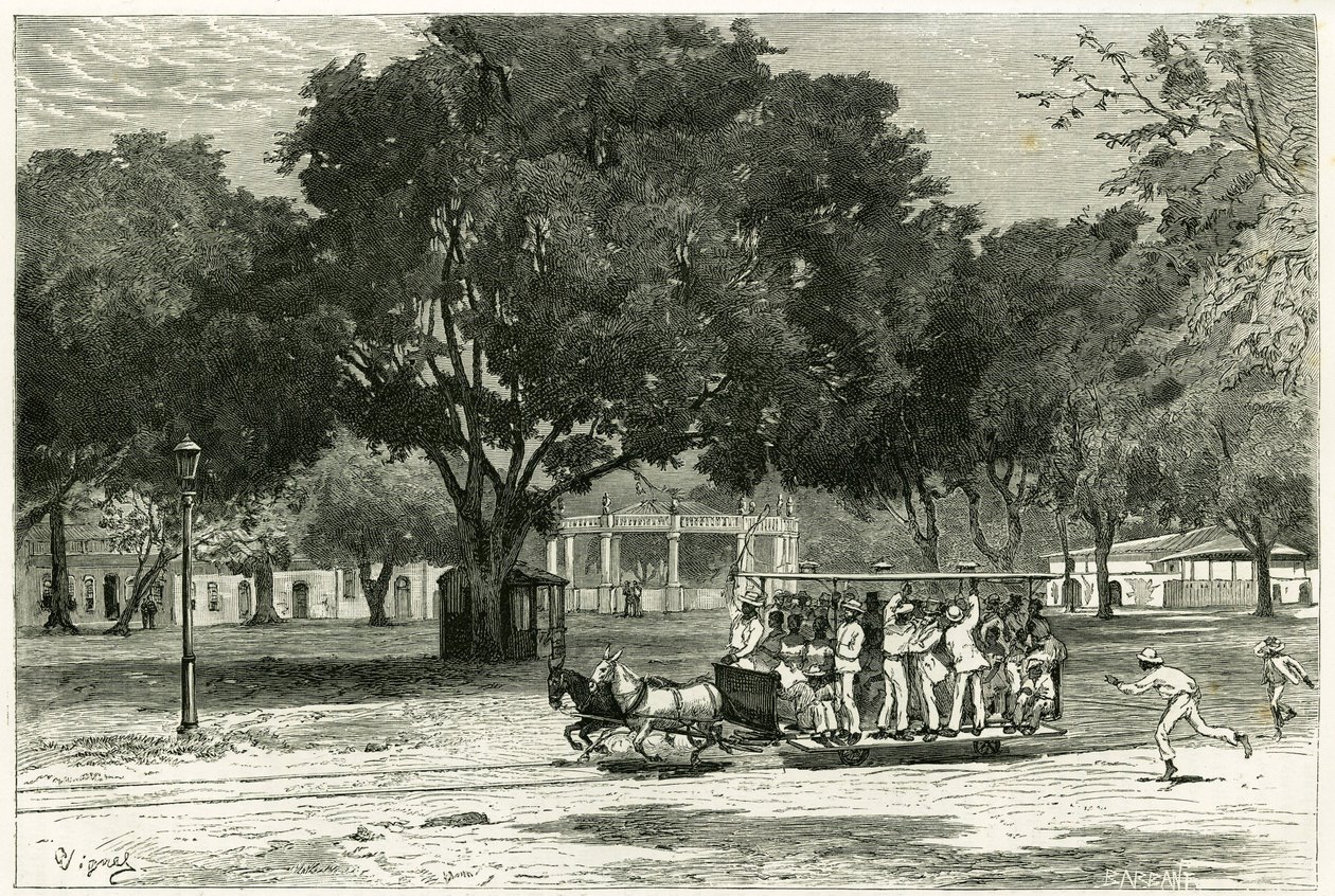 Tram, getrokken door paarden, in de haven van Para (Brazilië), op het Largo van Nazareth. Gravure door Vignal, ter illustratie van het verhaal 