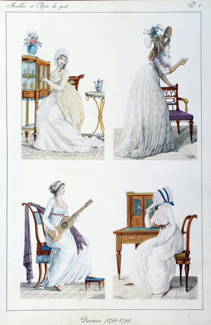 Portretten van vrouwen uit de periode van het Directoire bezig met verschillende artistieke en sociale activiteiten door Pierre de La Mesangere