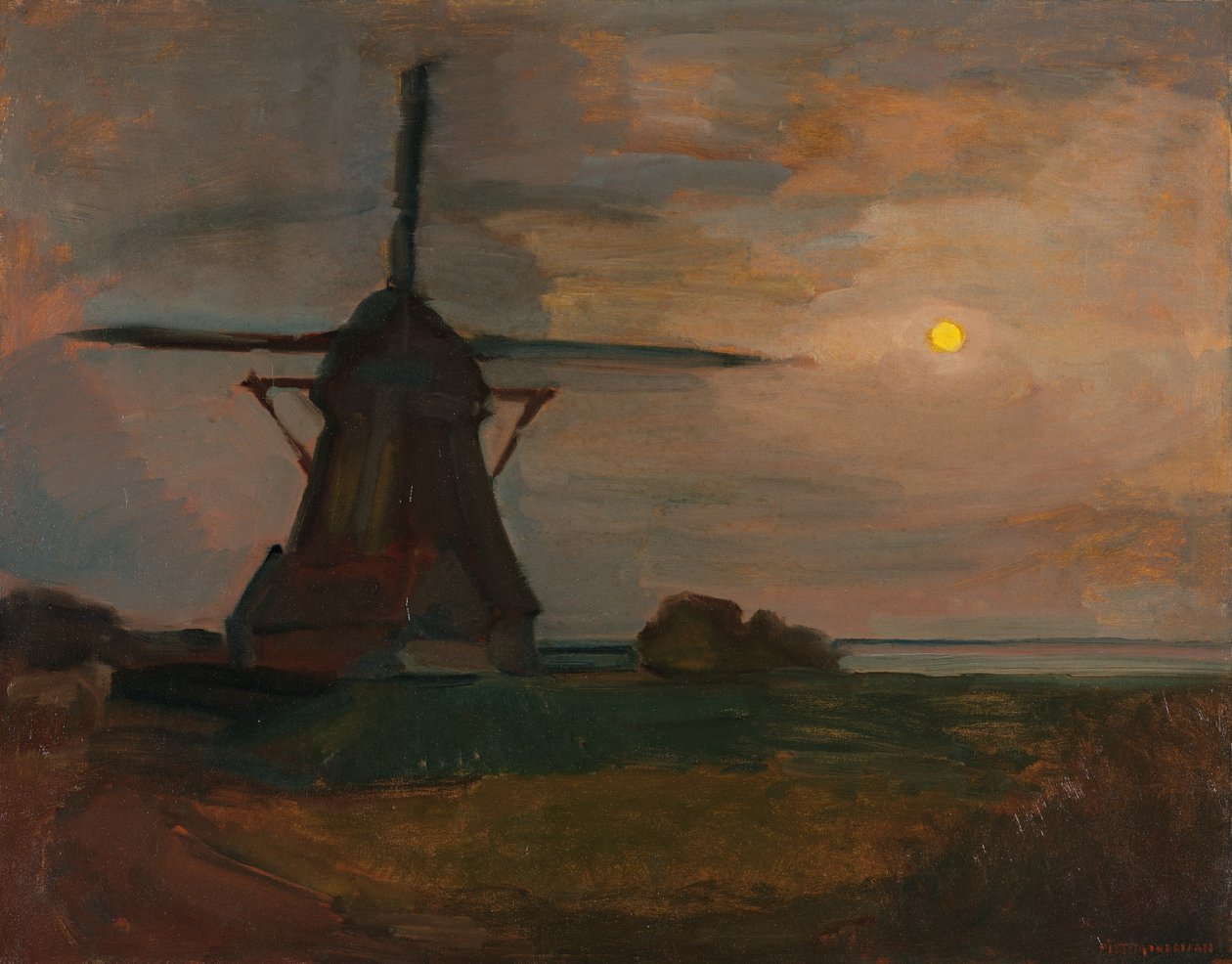 Oostzijdse molen in maanlicht, ca. 1907 door Piet Mondrian