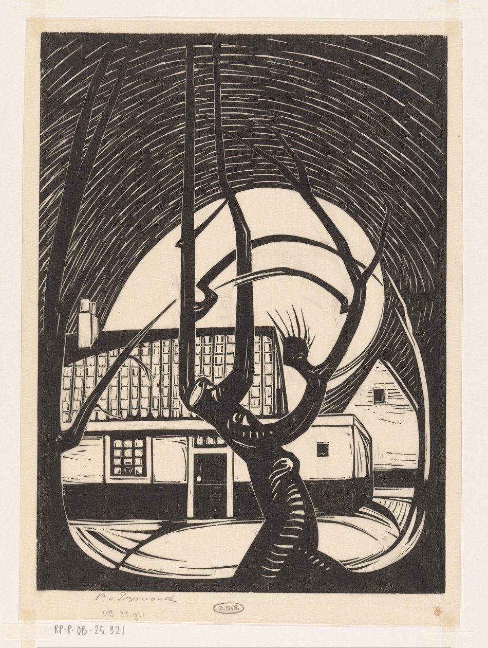 Wilg voor een huis door Piet Egmond (signed by artist)