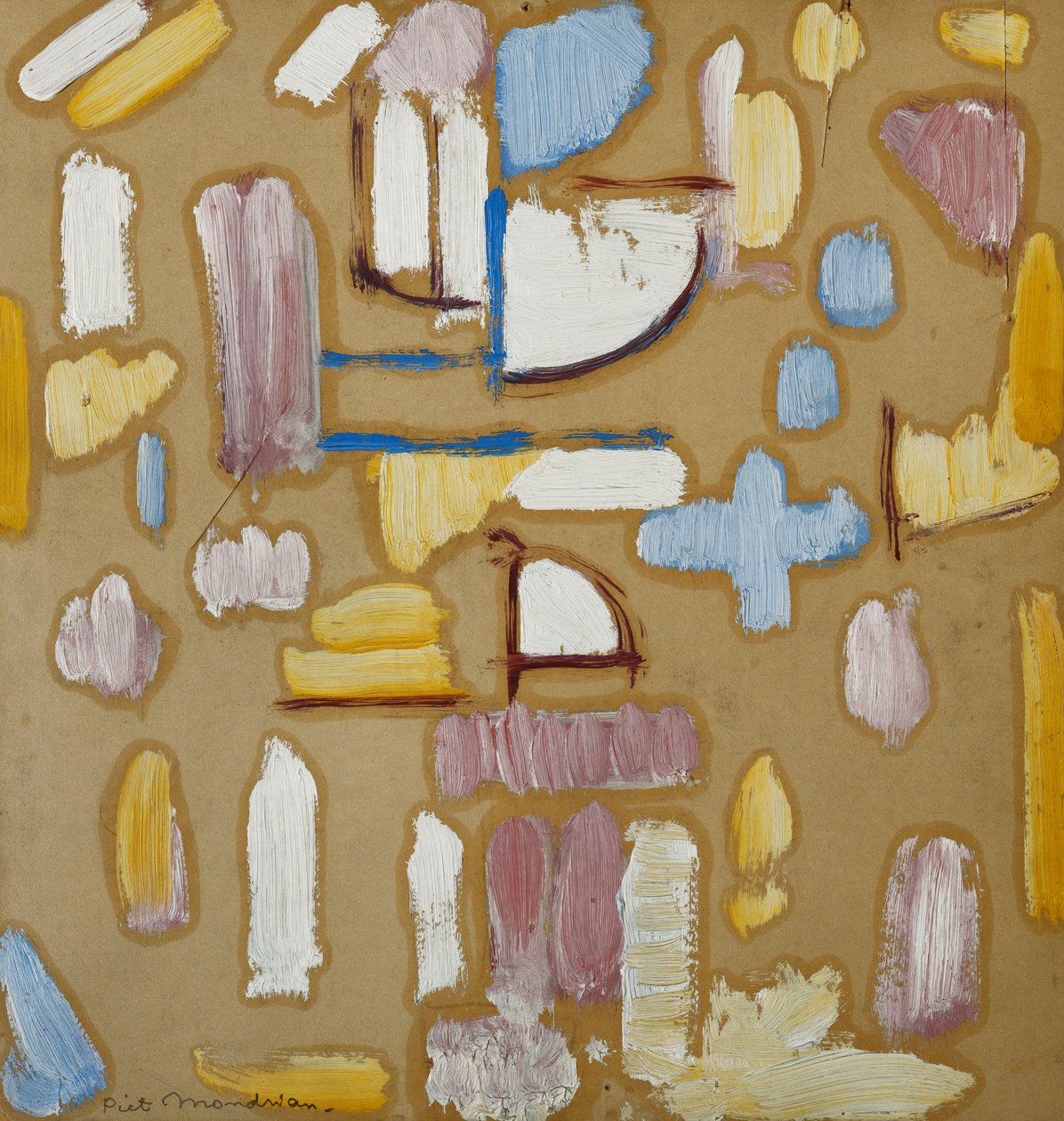 Compositie met roze, blauw, geel en wit (Kerkgevel), ca. 1912 door Piet Mondrian