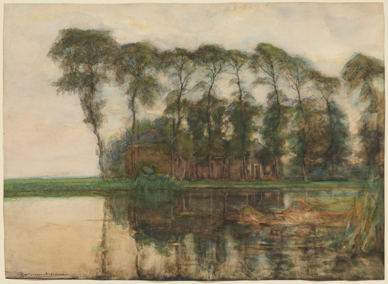Boerderij aan het water, afgeschermd door negen hoge bomen door Piet Mondrian