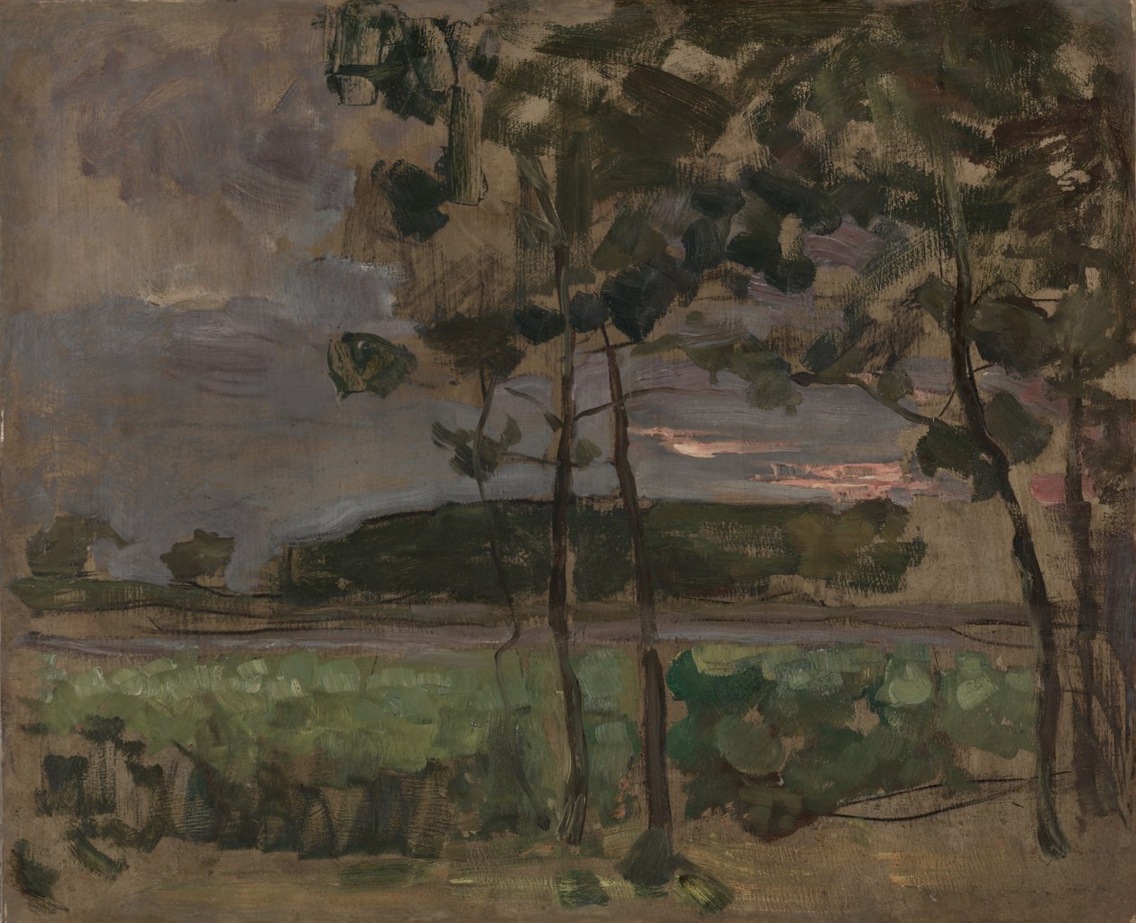 Veld met jonge bomen op de voorgrond door Piet Mondrian