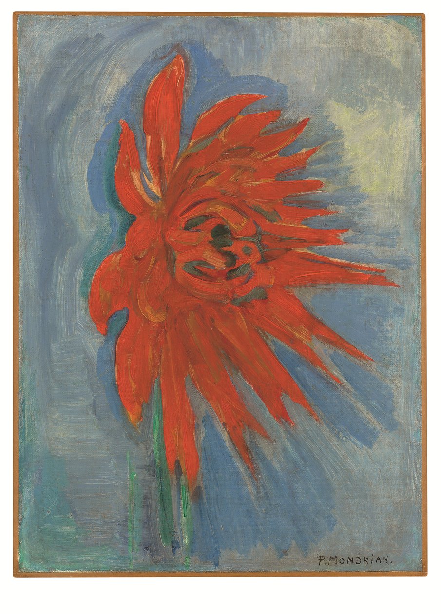 Rode chrysant op blauwe achtergrond, ca 1909-10 (olieverf op doek) door Piet Mondrian
