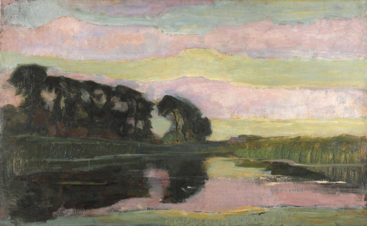 Rivierlandschap met roze en geelgroene lucht, ca. 1907-1908 door Piet Mondrian