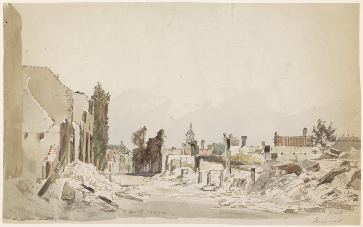 De ruïnes te Bodegraven na de brand van juni 1870 door Piet Schipperus