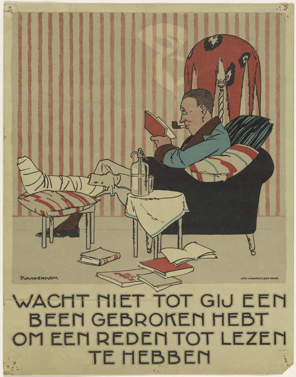 Lezende man met gebroken been in een leunstoel door Piet van der Hem