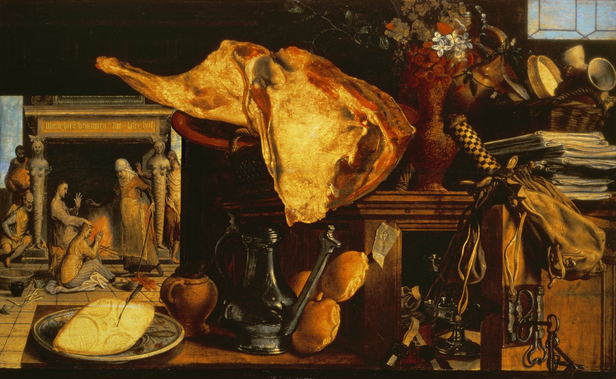 Vanitas stilleven (Christus met Maria en Martha), 1552 door Pieter Aertsen