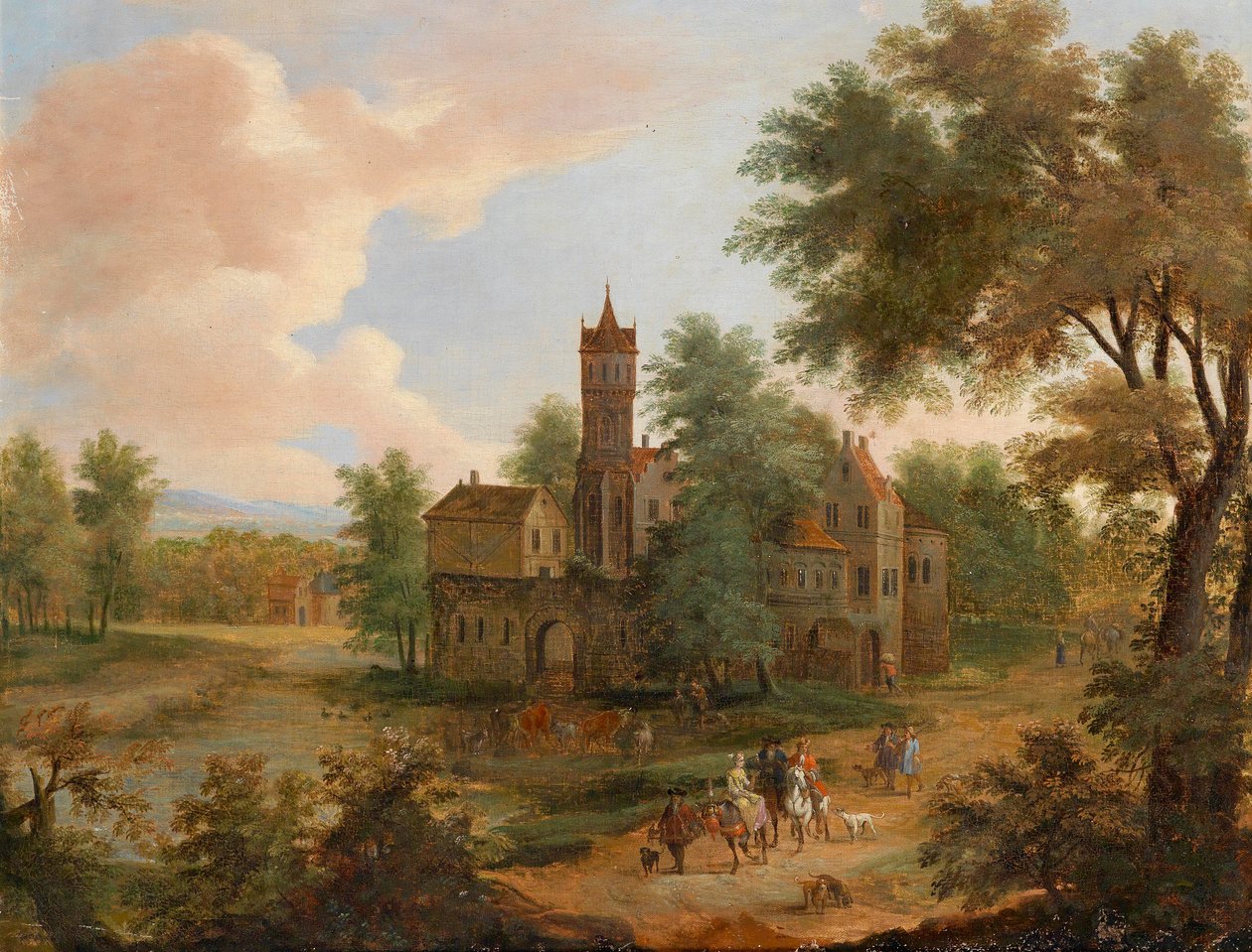 Landschap met een jachtgezelschap door Pieter Bouts