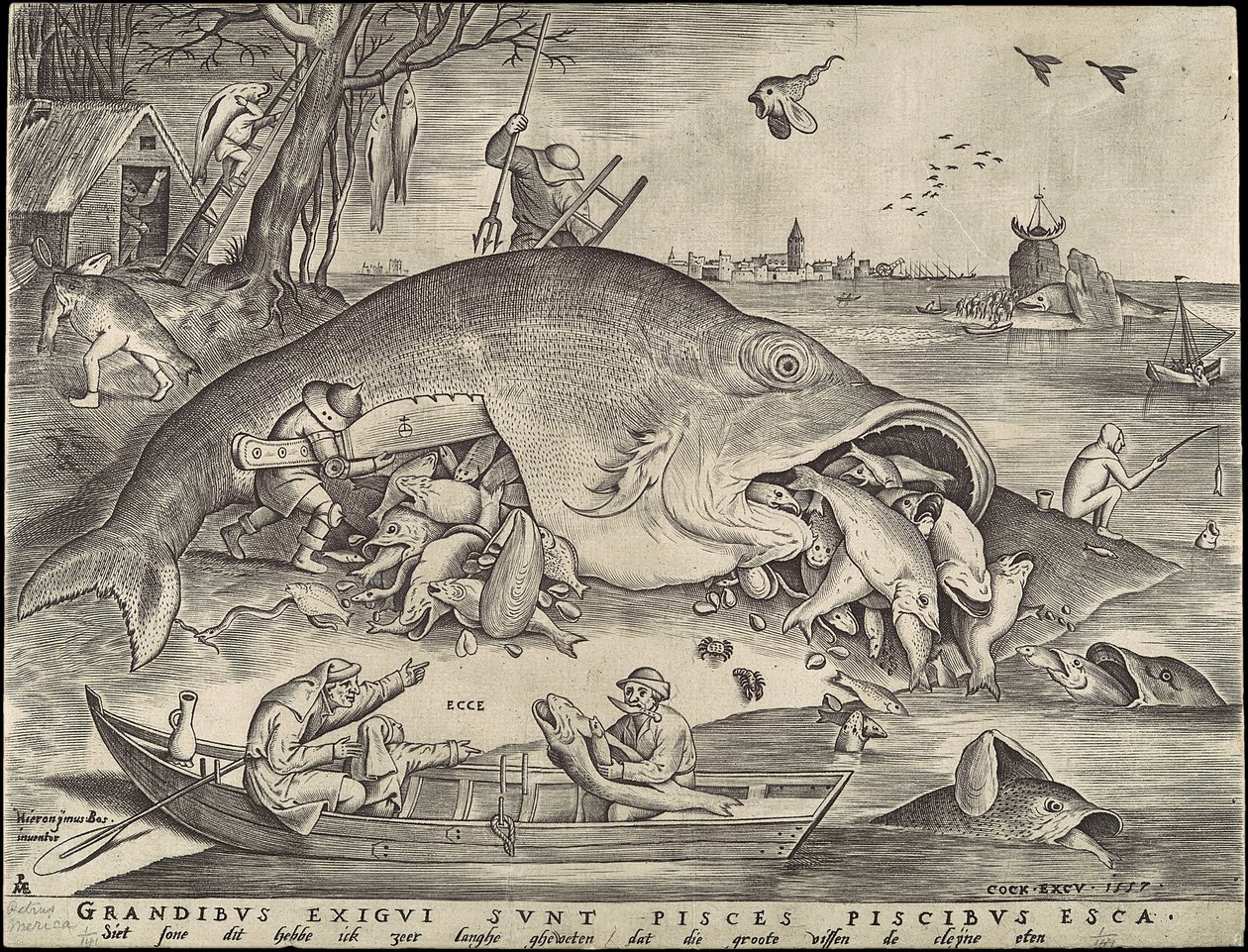 Grote vissen eten kleine vissen door Pieter Bruegel the Elder