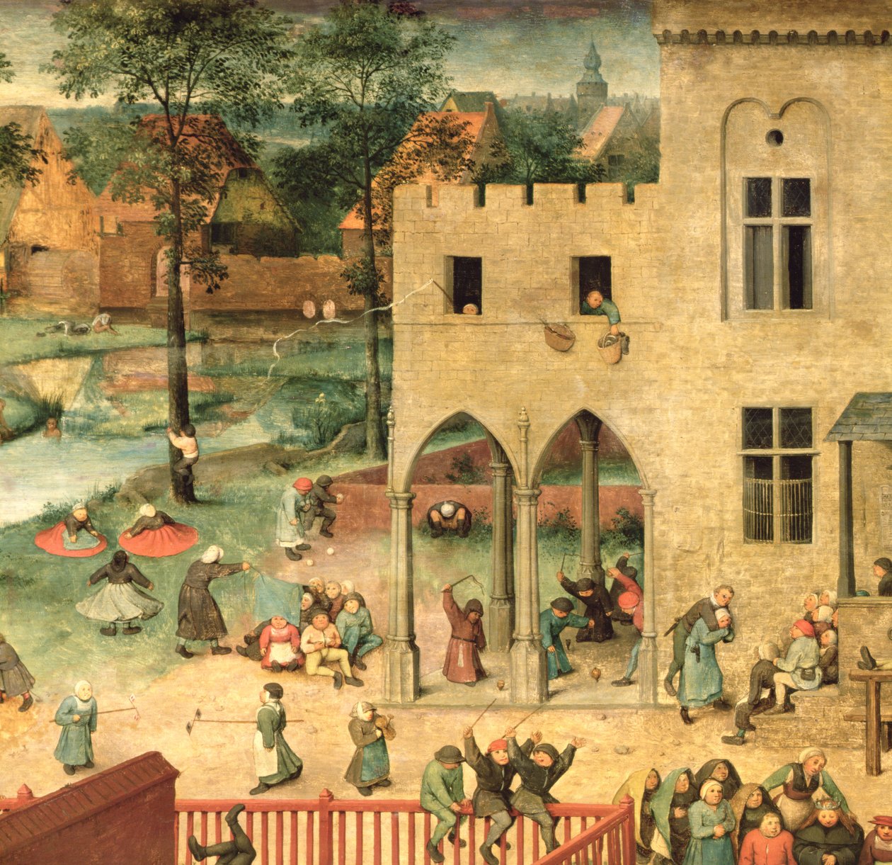 Kinderspelen: detail van de linkerbovenhoek met kinderen die tollen en kegelen, 1560 (detail) door Pieter Bruegel the Elder