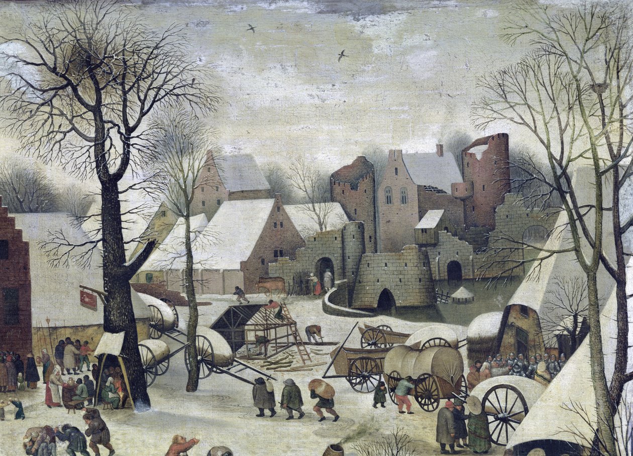 De volkstelling in Bethlehem, detail van de huizen en vestingwerken door Pieter Bruegel the Elder