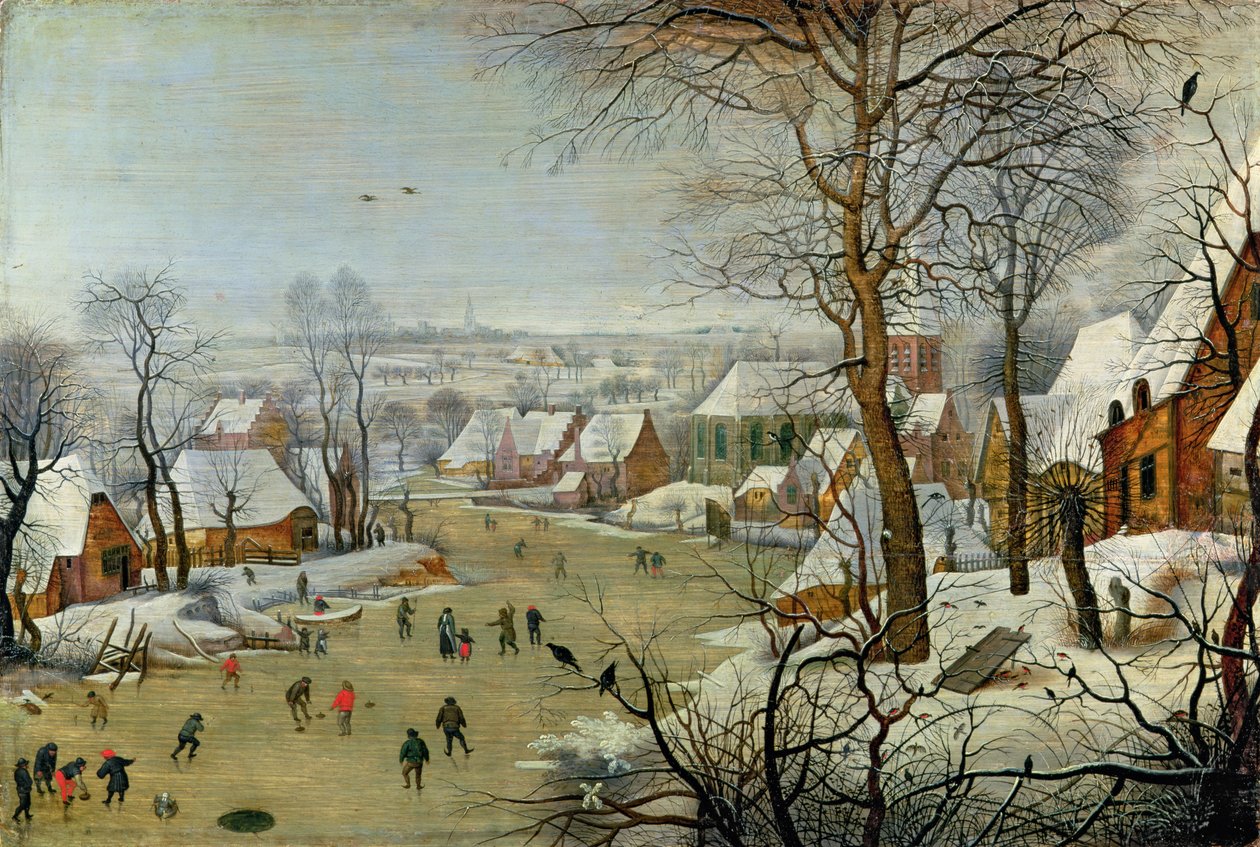 Winterlandschap met schaatsers en een vogelval door Pieter Brueghel the Younger