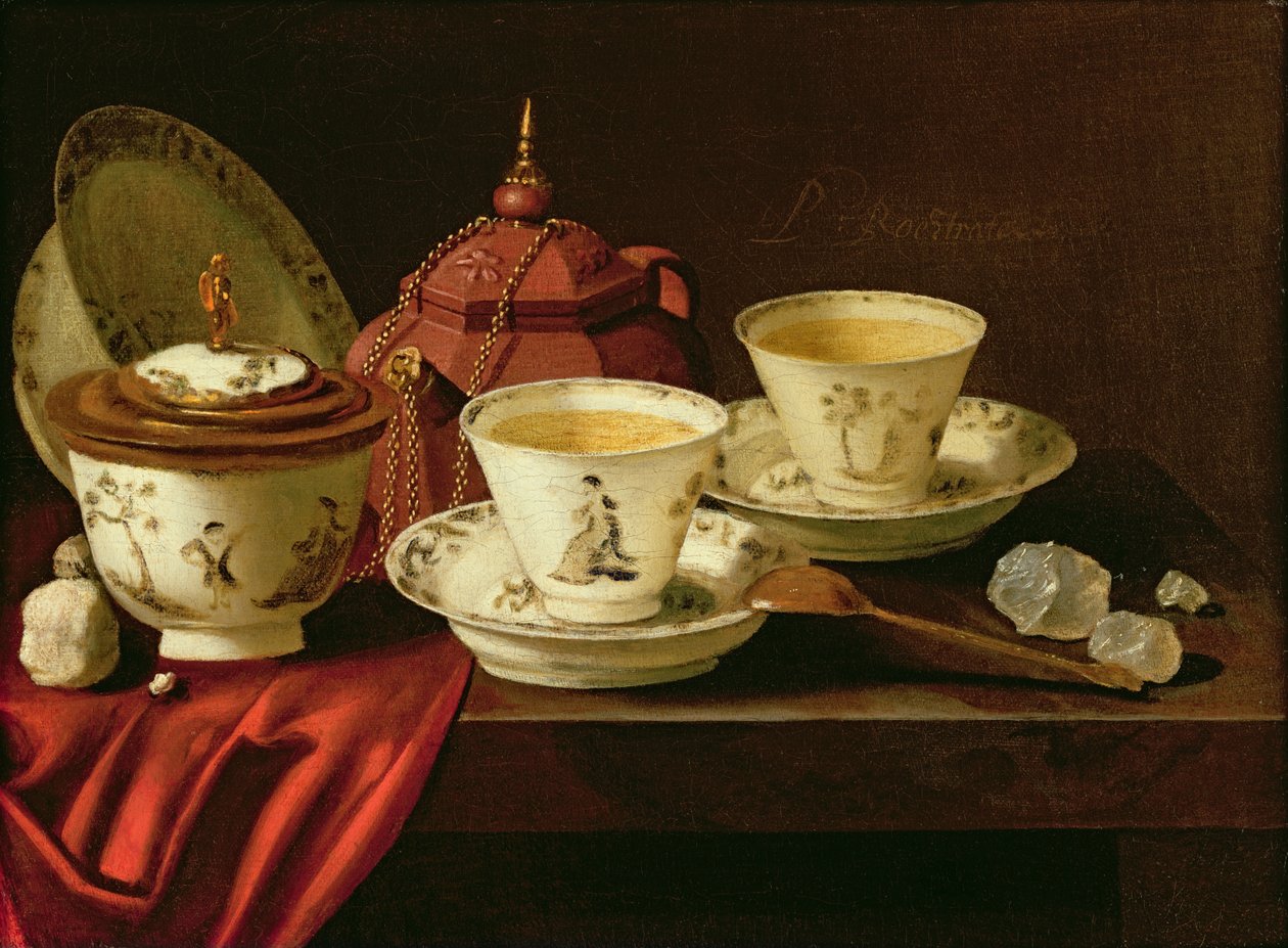 Een Yixing Theepot en een Chinese Porseleinen Tête-à-Tête op een Gedeeltelijk Gedrapeerde Rand door Pieter Gerritsz. van Roestraten