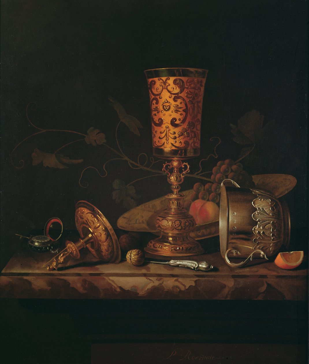 Stilleven met Zilveren Beker en Tijdstuk door Pieter Gerritsz. van Roestraten