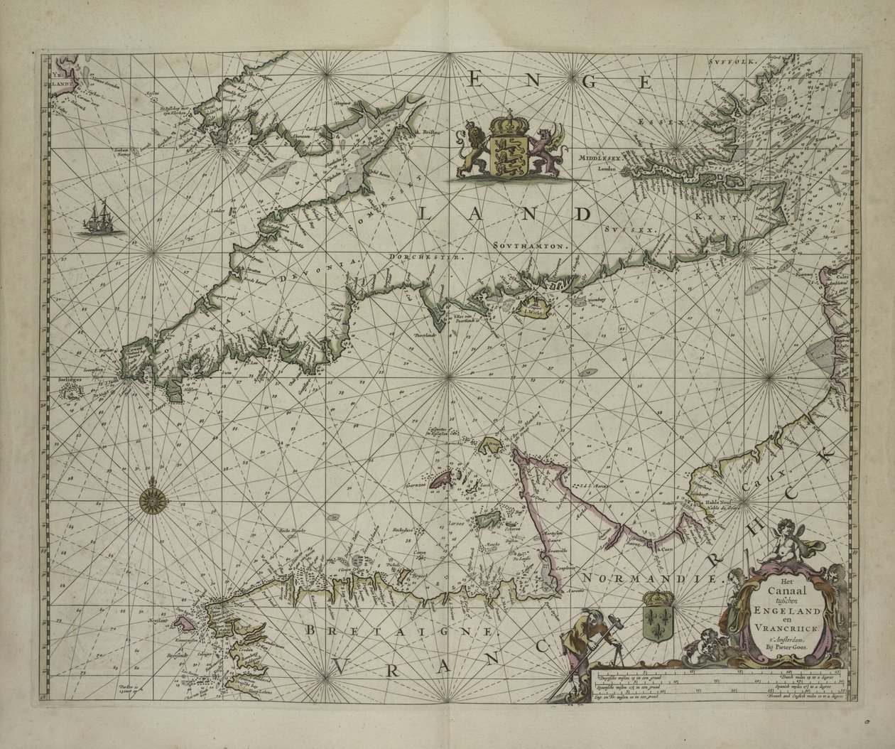 Antieke kaart van het Kanaal, 1666 (kleurengraving) door Pieter Goos