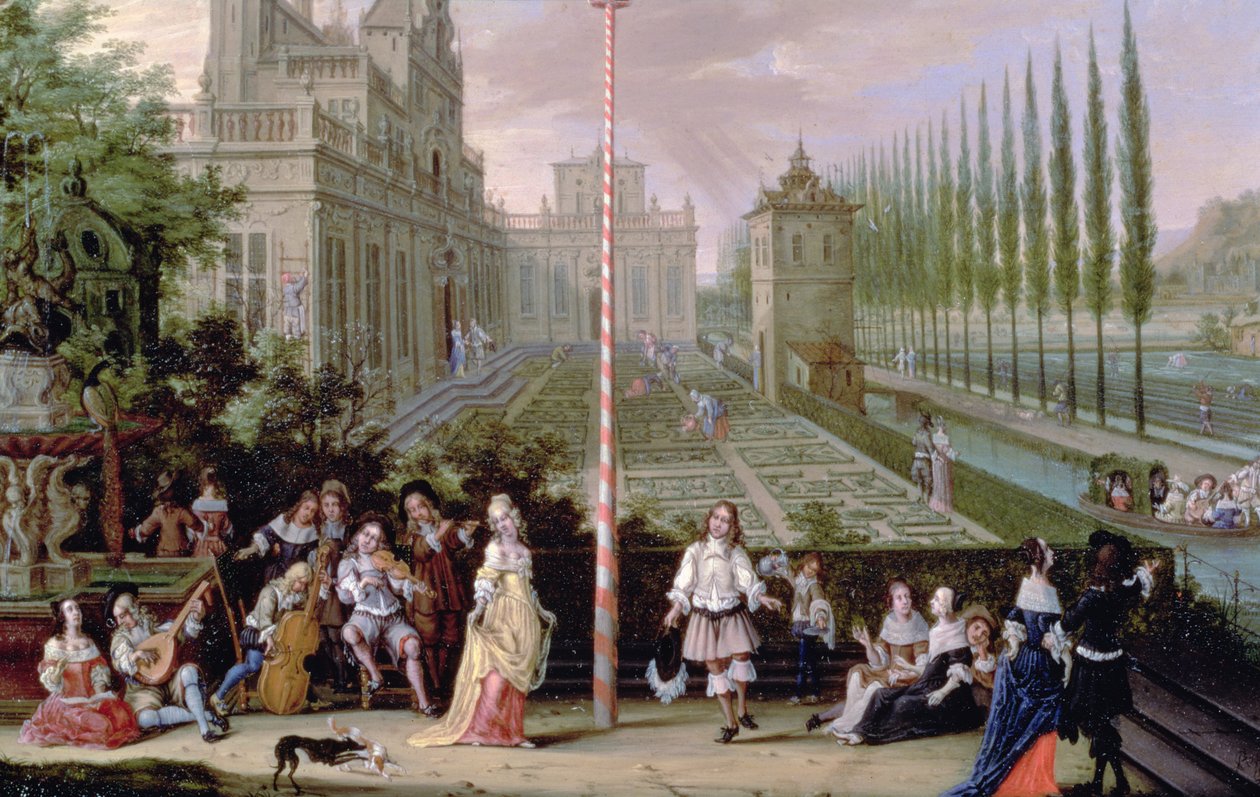 Detail van elegante figuren die muziekinstrumenten bespelen rond een meiboom (detail) door Peeter Gijsels