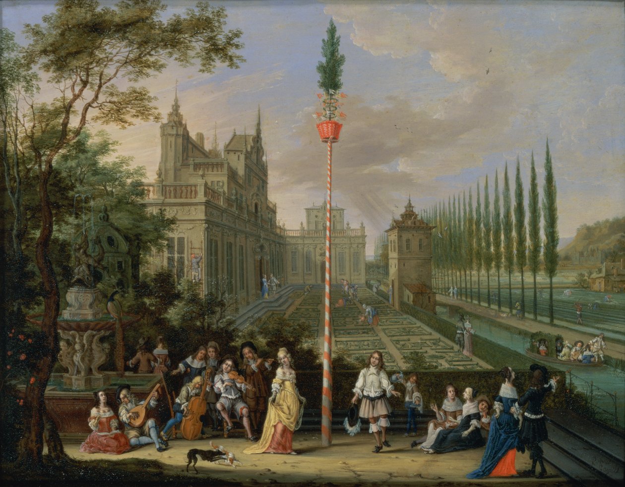 Elegante figuren die muziekinstrumenten bespelen rond een meiboom door Peeter Gijsels
