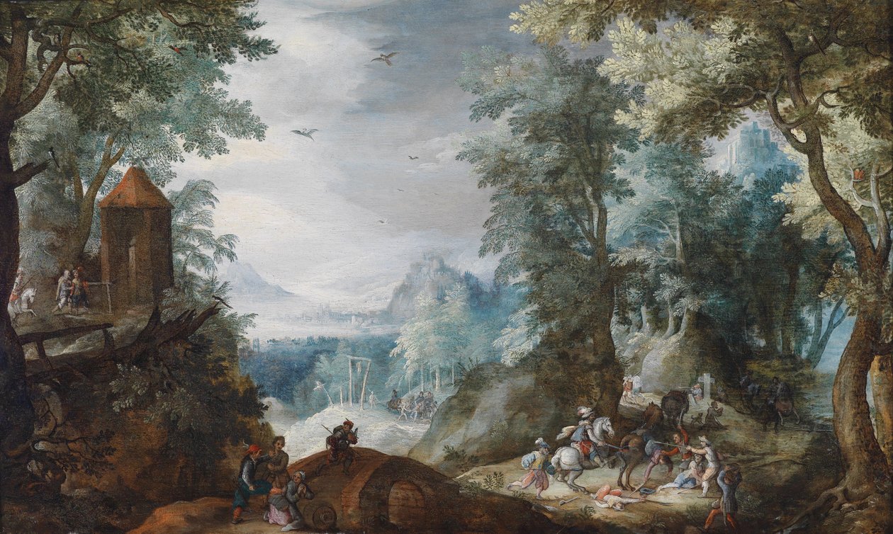 Bosrijk landschap met een overval door Pieter Schoubroeck