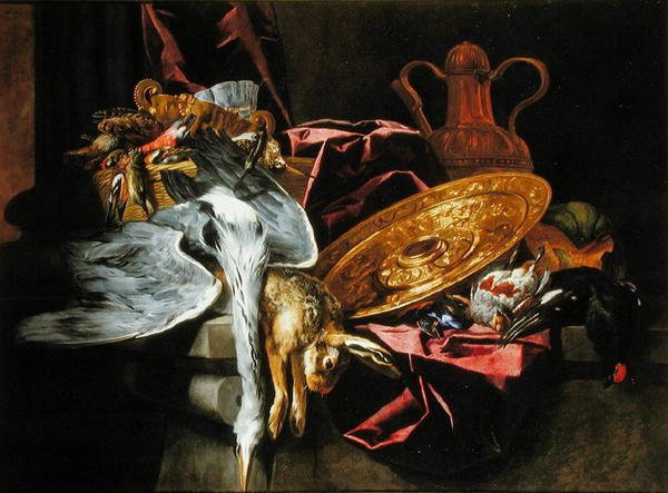 Stilleven met wildvogels en een konijn met een gegraveerde schaal op een tafel door Pieter or Peter Boel