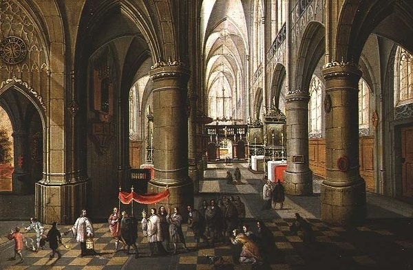 Het Interieur van een Kathedraal met een Processie door Pieter the Younger Neeffs