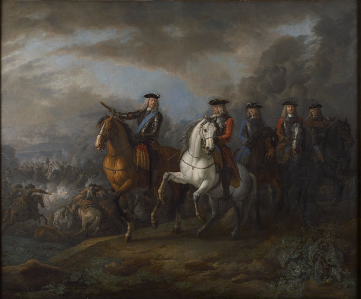 Portret van de hertog van Marlborough en de graaf van Cadogan, Britse generaal, bij Blenheim door Pieter van Bloemen